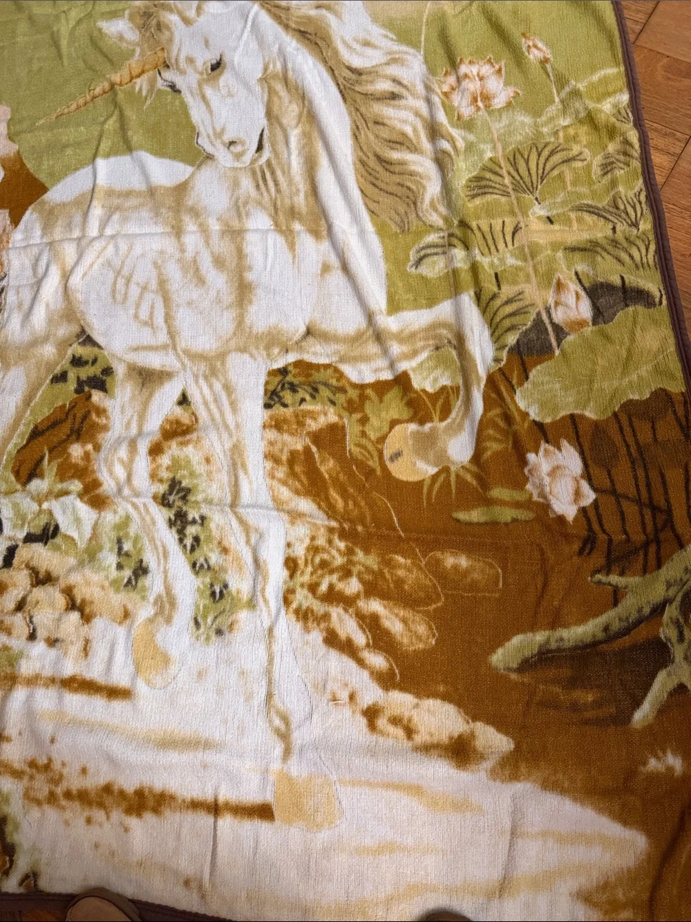 VTG 70’s Reversible Unicorn Plush Fleece Fantasy Blanket - Edge Flaws 54x80” 🦄🦄